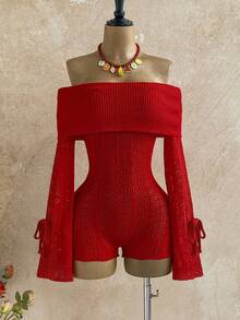 Soleia Women's Vacation Beach Solid Color Off-Shoulder Hollow-Out Knitted Romper  New Year Dress Elegant Dresses For Party Red Dress  Elegant Dresses For Party Red Dress For Women Sweater - Red - View 6