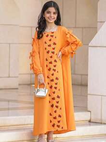 SHEIN Tween Girl Orange Floral Ombre Rose Pattern Patchwork Bow Decor Loose Wide Neck Long Sleeve Robe,Autumn Modest Wedding Guest Arabian Long Dress - Orange - View 4