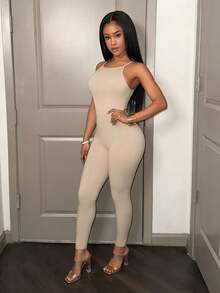 Slaydiva Women's Tight Jumpsuit,Light Beige,Summmer,Bandage,Night Out,Backless Sleeveless Cross Back Hip Pleated Sporty Gym Clothes,Khaki Pants - Khaki - View 8