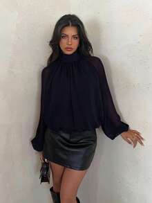 Aloruh Áo sơ mi nữ thanh lịch, màu trơn, cổ tàu, tay phồng, thích hợp cho công sở. - Màu xanh hải quân - Xem 8