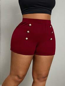SHEIN PETITE CURVE Pantalones cortos de talla grande con cintura alta y detalles de botones para el verano - Burdeos - Ver 4