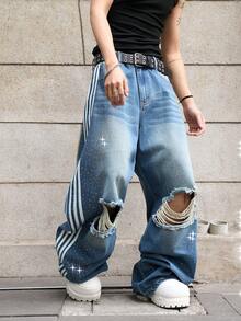 Manfinity EMRG Unisex  Distressed Pocket Design Flared Leg Jeans With Rhinestone Embellishment, Versatile For Daily Wear - Medium Wash - View 7