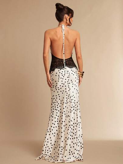Silquee Deep V-Neck Polka Dot Lace Splice Sheer Backless Halter Fishtail Hem Sexy Elegant Maxi Dress, Women's Sleeveless Dress, Suitable For Date, Outing, Nightclub Party, Elegant Party, Daily Wear, Bridesmaid Dress, Vacation, Wedding Season, Cocktail Party, Evening Gown Spring/Summer Valentine's Day Carnival  Party  Wedding Guest  Elegant  Vacation Outfits Women Casual Birthday Dresses For Women Black And White Block Dress Prom Dress Maxi Dress Gown For Prom Night