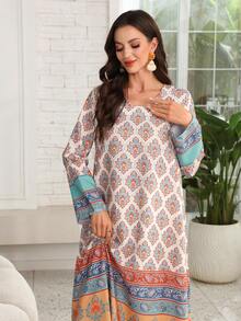 Lacomfia Floral Print Long Sleeve Round Neck Dress - Multicolor - View 5