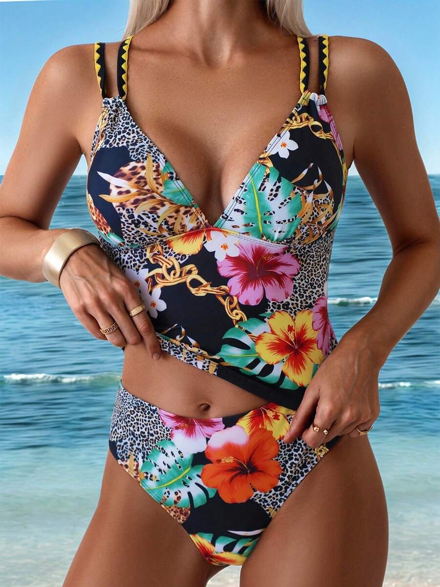 Swim Lushoire 2pcs Women's Sexy Floral & Leopard Print Bikini Set, Spaghetti Strap Backless Swimwear, Vacation Style - Multicolor - View 1