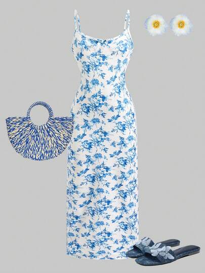 Girlism Tween Girls' Blue & White Knit Casual Snug Fit Spaghetti Strap Floral Print Slit Dress, Versatile For Vacation & Everyday Wear
