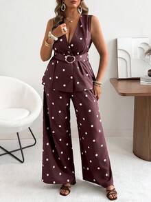 Ceyna Plus Size Women's Classic Retro Polka Dot Vest And Wide Leg Pants Set Summer Holiday Outfits - Brown - View 4