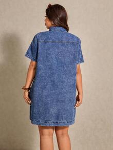 Elaquor Plus Size Blue Denim Shirt Dress, Casual Commuter Dress, Elegant Summer Women's Clothing - Light Wash - View 4