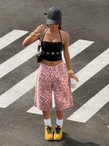 StreetHx Y2K Fashion Casual Street Style Pink Leopard Print Low Waist Cropped Jeans - Pink - View 3