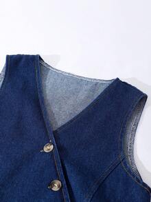 SHEIN Girls' Navy Blue Summer Casual Denim Vest And Pants Set,V-Neck Sleeveless Top With Loose Straight Leg Jeans For Beach,Vacation And Graduation Parties - Dark Wash - View 6