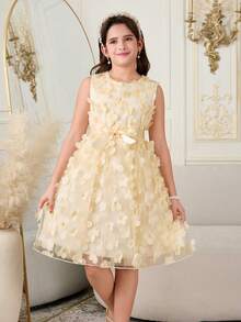SHEIN 1pc Tween Girls' Spring/Summer Sleeveless Round Neck Mesh Butterfly Embroidered Party Elegant Flower Girl Wedding Bridesmaid Sweet A-Line Dress With Satin Belt, Everyday Wear Princess Dress - Apricot - View 7