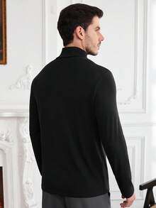 Core Aspect Tricou bărbătesc casual cu guler înalt, culoare solidă, mânecă lungă, versatil pentru toamnă/iarnă - Negru - Vizualizare 2