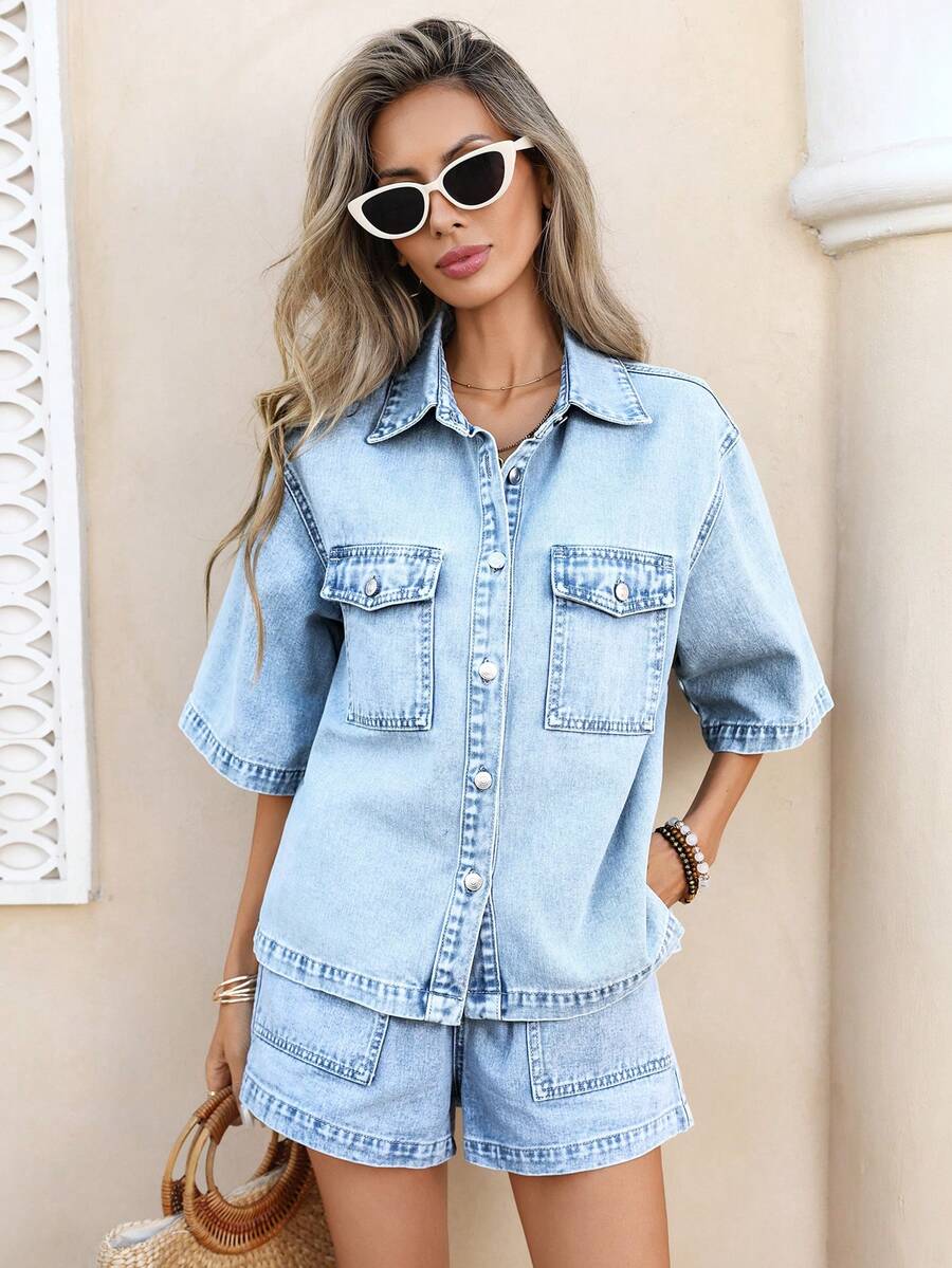 Selianne Women's Short Sleeve Single-Breasted Casual Pocket Denim Blouse - Light Wash - View 1