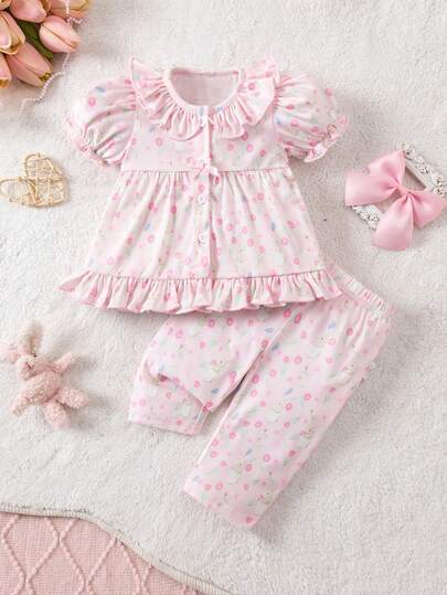 SHEIN Newborn Baby Girl Cute Summer Casual Pink Floral Cartoon Pattern Ruffle Trim Short Sleeve Pajama Set