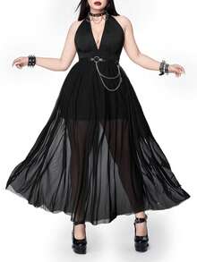 Whyspr Sexy Bodycon-Kleid in Große Größen mit V-Ausschnitt und rückenfreiem Design, eleganter Stil für Frühling/Sommer - Schwarz - Übersicht 6