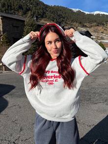 Abrilcols Women's Fashion Casual Minimalist Romantic Daily Versatile Contrast Color Letter Hoodie Sweatshirt Pullover Fall, Christmas - Grey - View 1