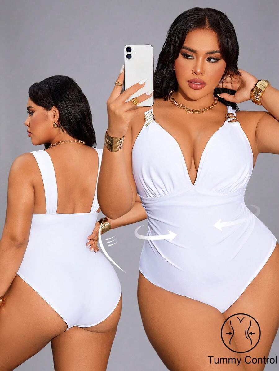 Shapewave 大码女士纯色金属链连体泳衣，休闲度假款 - 白色 - 查看 1
