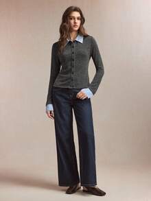 BizChic 2026 春季新款领口和袖口条纹撞色拼接前襟纽扣仿羊绒针织上衣，优雅百搭，适合派对、都市通勤和职场穿着。