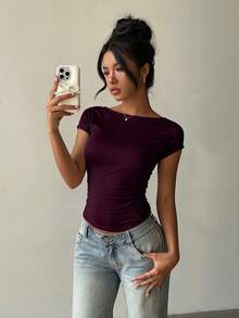 Aloruh Áo ngắn tay phối ren trắng gợi cảm hở lưng - Màu Đỏ Sâu - Xem 6