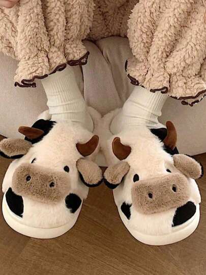 Mujer hogar kawaii pantufla mullida felpa vaca blanca negra animal suelto cuello redondo sin mangas otoño invierno casa pantufla
