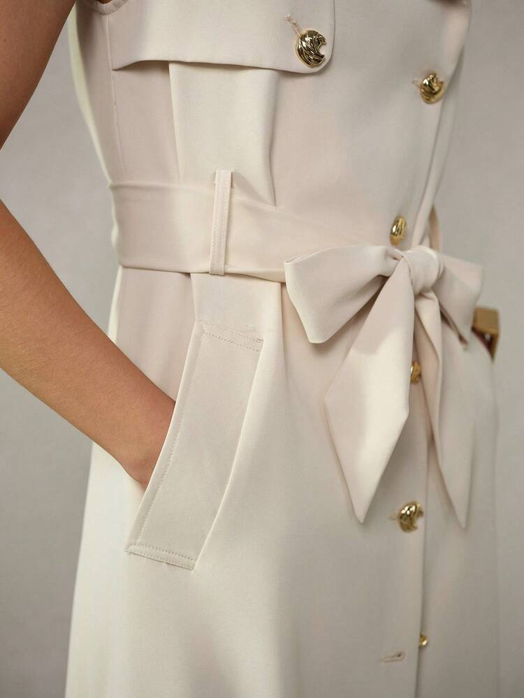 SLEEVELESS LAPEL COLLAR SOFT FABRIC CLASSIC FASHION OFFICE LADY LONG LOOSE FIT TRENCH COAT FOR WOMEN, SPRING/SUMMER