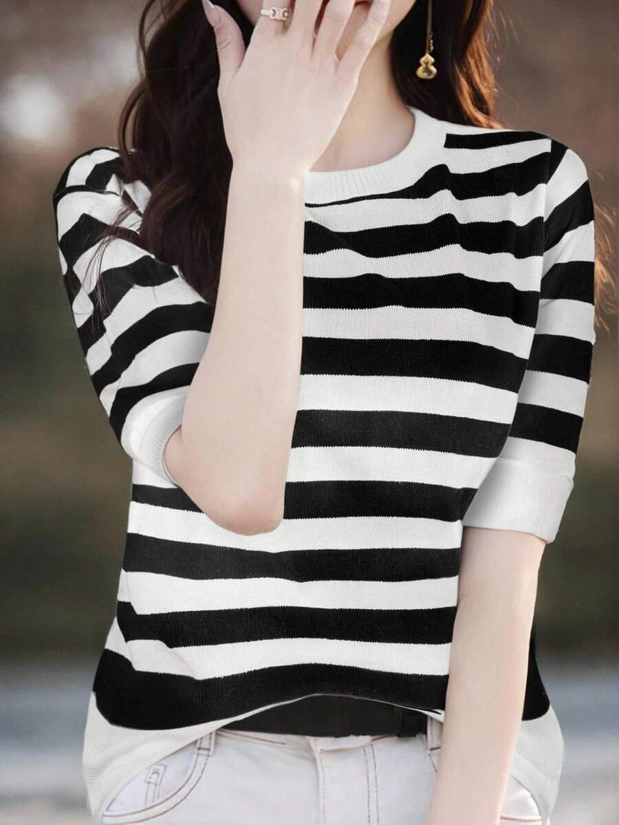 EMERY ROSE Áo dệt kim tay lửng phối màu kẻ sọc, thích hợp mặc đi làm hàng ngày. - Nhiều màu - Xem 1