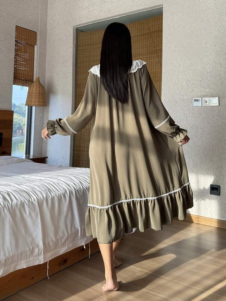 Sweet Contrast Color Embroidered Ruffle Hem Long Women Nightgown