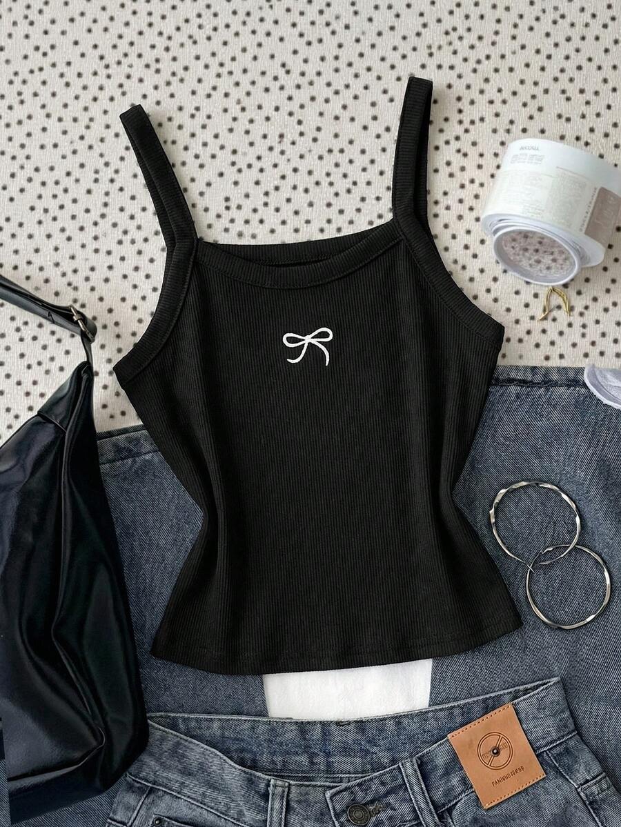 SHEIN 少女灰色针织蝴蝶结刺绣吊带背心，迷你甜美休闲款，春夏基础款，日常百搭，适合返校季 - 黑色 - 查看 1