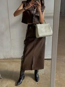 DAZY Women's PU Vest & Skirt 2 Pieces Set, Korean Style - Coffee Brown - View 3