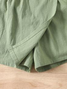 SHEIN Tween Girls Green & Light Green Chiffon Woven Asymmetrical Asymmetric Bow Shorts Skirt, Casual Vacation - Green - View 5