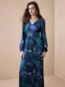 Arave Đầm maxi dài tay cổ chữ V nhuộm màu tie-dye đính đá và cúc kim loại, kiểu dáng thanh lịch, thắt eo, thích hợp cho kỳ nghỉ và tiệc tùng. - Nhiều màu - Xem 8