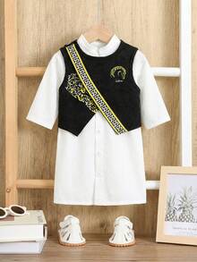 SHEIN 2pcs Newborn Baby Boy Autumn White Long Robe Shirt & Black Vest Set,Baptism,Wedding & Performance - Multicolor - View 9