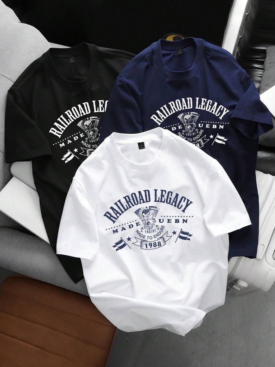 SHEIN 男士休闲印花圆领短袖T恤 - 彩色 - 查看 1