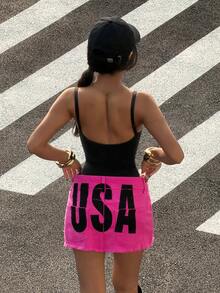 StreetHx Women's Fashion Casual Versatile Printed Short Denim Skirt - Pink - View 7