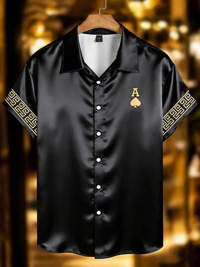 Manfinity Homme Camisa de manga corta con estampado floral y letra A para hombres, camisa casual masculina, minimalista y versátil de alta gama, gran regalo para novio o familia