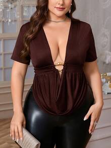 Firerie Plus Size Women Comfortable Casual Elegant Deep Draped Neck Ruched Metal Decor Sexy Stretchy Short Sleeve T-Shirt, Spring/Summer - Coffee Brown - View 3