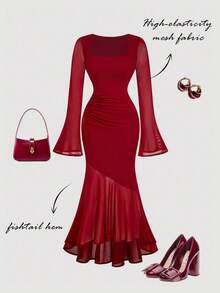 SHEIN MOD 女士优雅派对纯色喇叭袖鱼尾中长连衣裙 - 紅色 - 查看 2