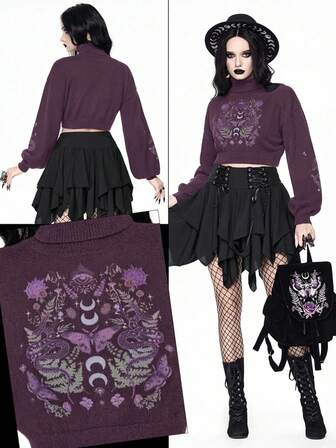 Goth Pull court à col montant pour femmes, Top tricoté à manches bouffantes avec motif vintage mystérieux de peau de serpent et de papillon, automne/hiver