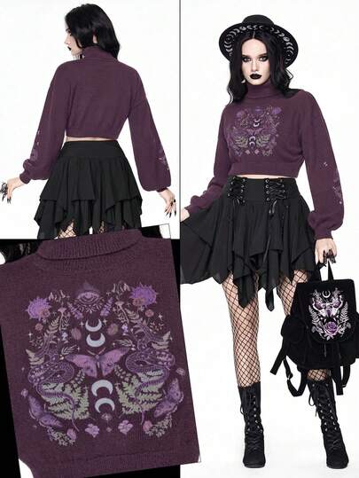Goth Maglione corto a collo alto scuro per donna, top lavorato a maglia con maniche a palloncino, motivo vintage misterioso a pelle di serpente e farfalla, adatto per autunno/inverno