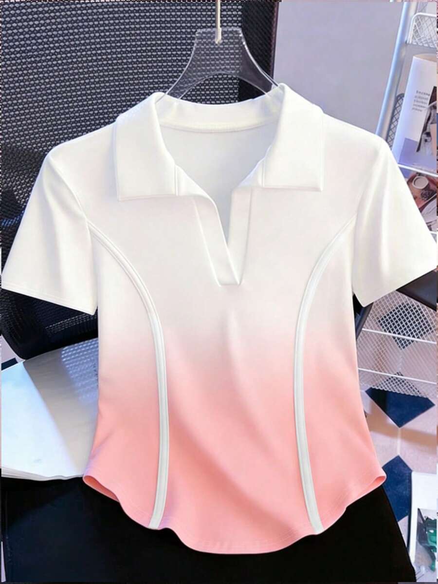 Resyla Women's Ombre Collar Casual Versatile Short Sleeve T-Shirt - White - View 1