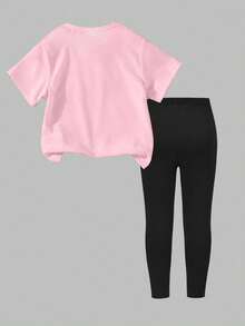 Ensemble décontracté t-shirt à col rond à manches courtes avec imprimé personnage Kpop et leggings pour jeunes filles - Multicolore - Voir 2