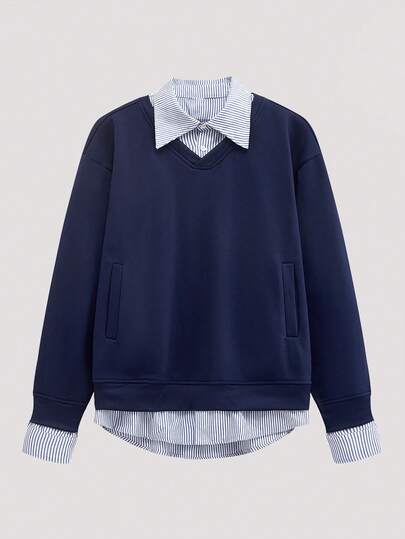 Open Phase 男士休闲拼接条纹纽扣领长袖polo衫，适合秋、冬、春季穿着