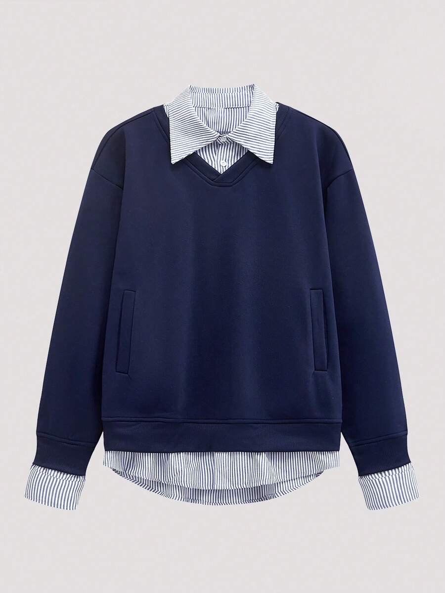 Open Phase 男士休闲拼接条纹纽扣领长袖polo衫，适合秋、冬、春季穿着 - 藏蓝色 - 查看 1