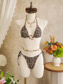 Zestiva 2026 New Spaghetti Strap Black & Brown Leopard Print Side High Cut Drawstring Thong Bikini Bottom Low Waist Side Drawstring Skort 3-Piece Sexy Swimwear Set For Women Animal Print Swim Wear Cheetah Print Two Pieces Bikini Skirt Set Cheetah Print Bathing Suit Women Leopard Set - Multicolor - View 3
