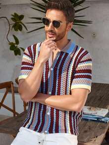 Manfinity Homme 男士度假休闲撞色条纹短袖针织衫 男士钩针衬衫 男士针织衫 男士夏季服装 - 彩色 - 查看 3