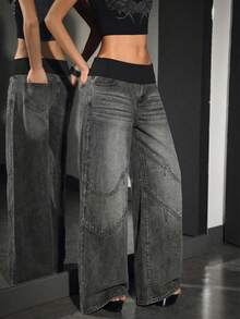 SHEIN Unity Quần jean ống rộng dáng suông, phối màu đa năng dành cho nữ, thích hợp mặc đi làm. - Màu xám đen - Xem 5