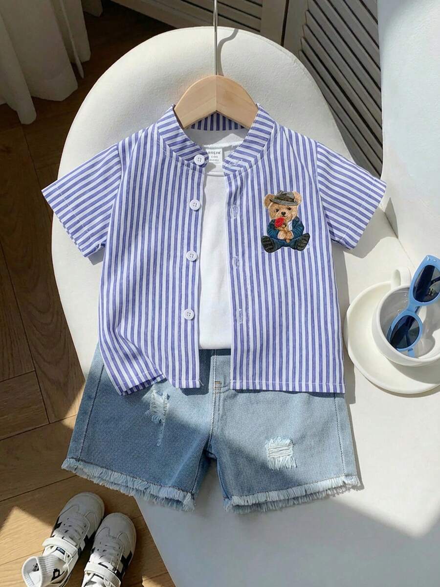 男婴蓝白条纹可爱小熊印花装饰衬衫搭配蓝色牛仔短裤套装，适合外出、休闲穿着和派对场合。 - 藍色 - 查看 1