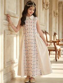 SHEIN الملابس التقليدية العربية	Tween Girl Collared Geometric Print Ruffle Casual Everyday Dress - Apricot - View 2