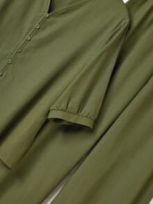 Rusticease 2件套女士圆领纯色无袖上衣和印花长裤休闲度假套装，女装套装 - 軍綠色 - 查看 4