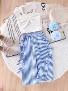 女婴两件套罗纹针织吊带背心（带蝴蝶结装饰）和条纹短裤套装，舒适时尚，适合夏季、日常休闲和户外活动穿着。 - 白色 - 查看 3